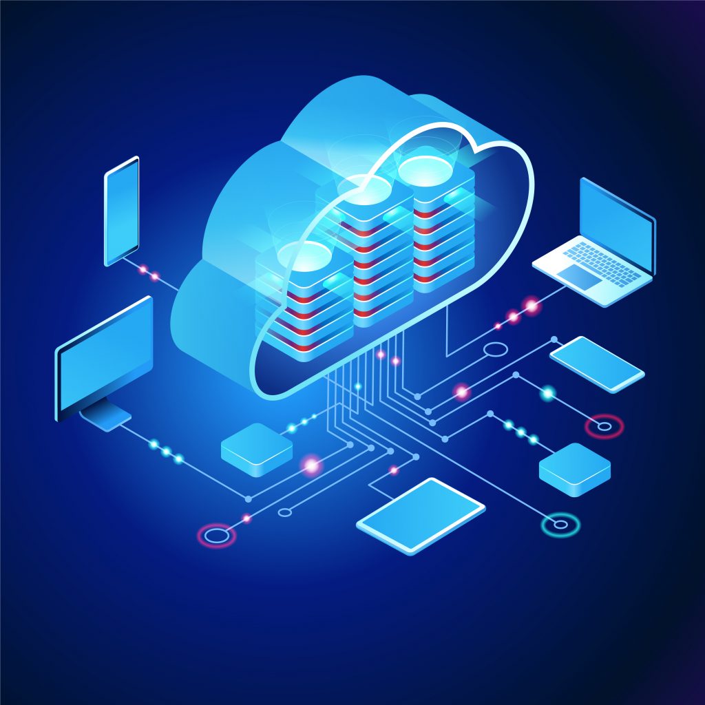 A digital representation of a cloud with a server farm inside, with lines connecting with various smart devices.